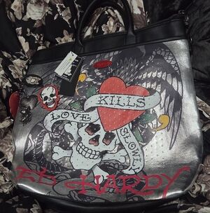 Ed Hardy Silver and Black Backpack
